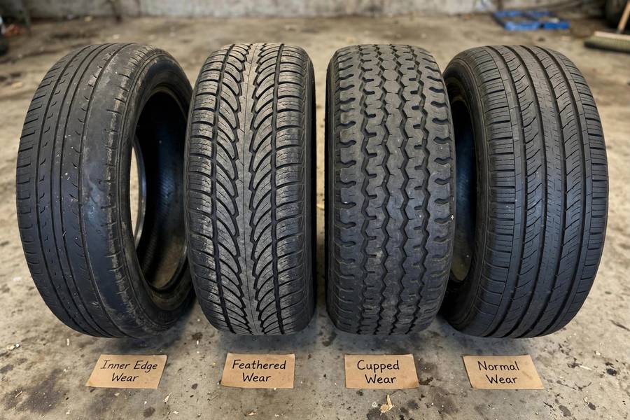 Tire wear patterns comparison guide showing misalignment signatures