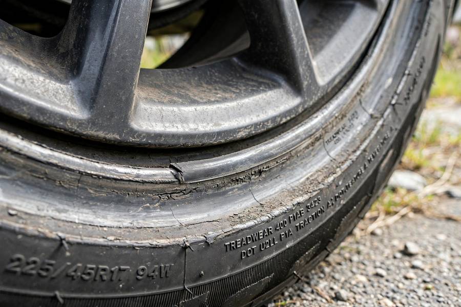 Inner edge tire wear pattern caused by negative camber misalignment