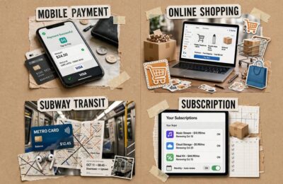 A collage showing mobile payments, online shopping, transit, and subscriptions using tokenization
