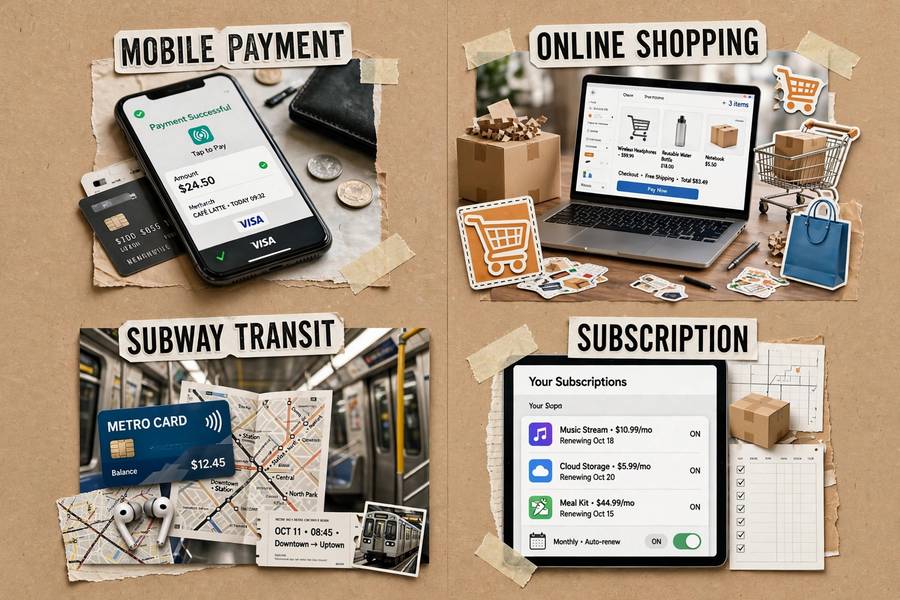 A collage showing mobile payments, online shopping, transit, and subscriptions using tokenization