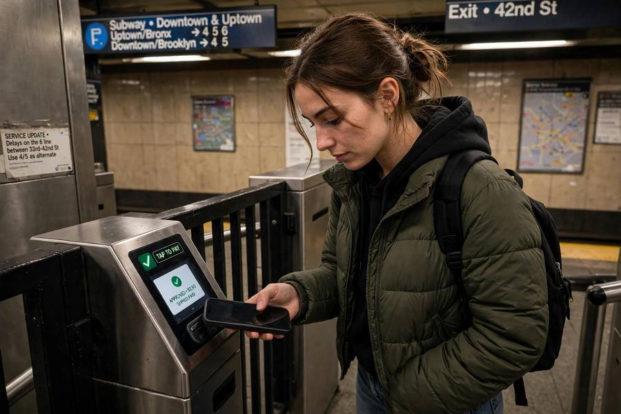 A person paying for subway fare with a phone at a turnstile