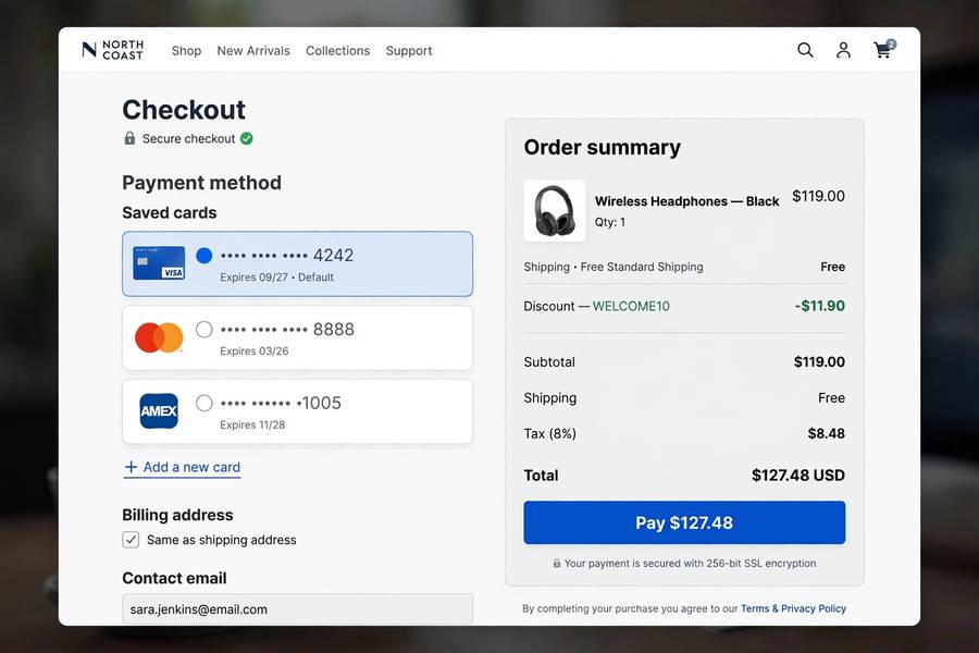 An online checkout page with saved cards shown as masked token numbers