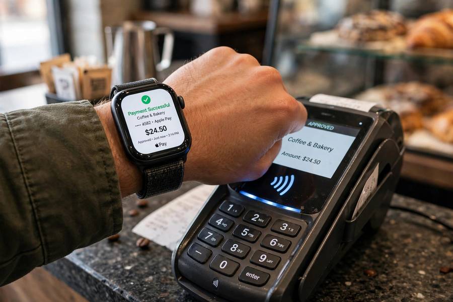A smartwatch making a contactless payment at a store terminal