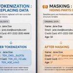 Tokenization vs Data Masking: Which Data Protection Fits? Split screen comparing tokenization replacing data versus masking hiding parts of data