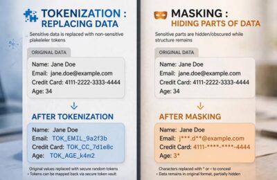 Split screen comparing tokenization replacing data versus masking hiding parts of data