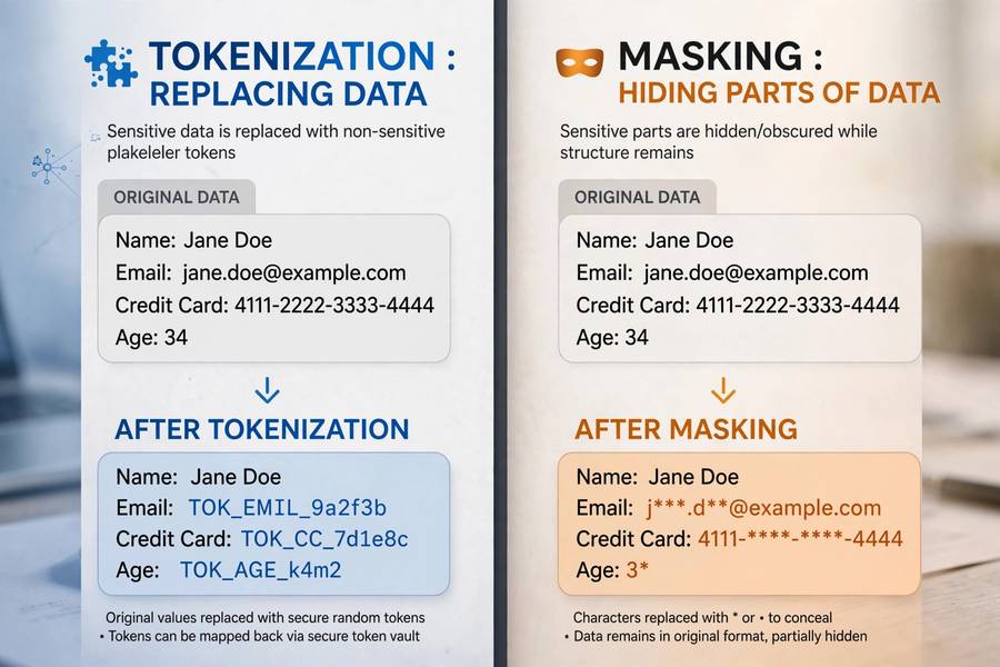 Split screen comparing tokenization replacing data versus masking hiding parts of data