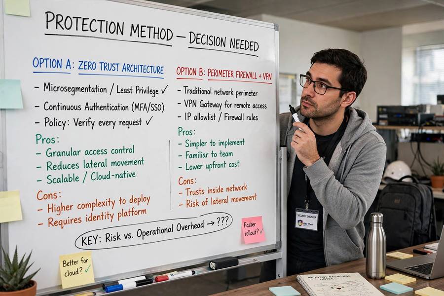 A security engineer choosing between two data protection methods on a whiteboard