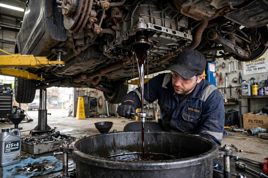 Mechanic draining old transmission fluid during a drain and fill service