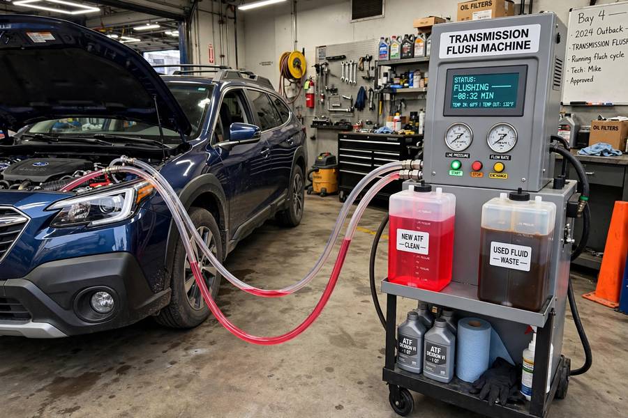 Transmission flush machine connected to a car during a fluid exchange service