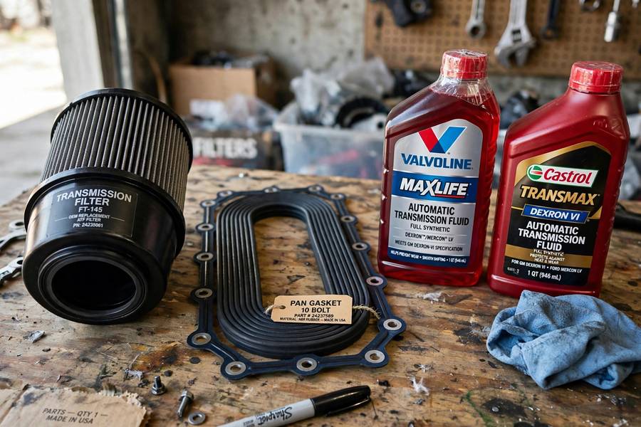 New transmission filter, pan gasket, and fresh fluid bottles on a workbench