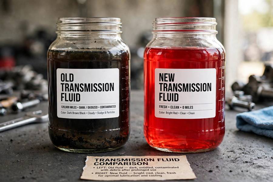Old dark transmission fluid next to fresh red fluid in clear containers