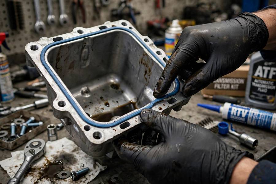 Inspecting a transmission pan gasket, the most common source of leaks and transmission fluid leak repair cost