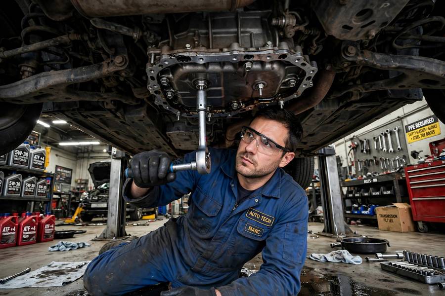 Reinstalling a transmission pan with a new gasket during a leak repair
