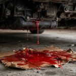 Red transmission fluid dripping onto cardboard under a car in a garage
