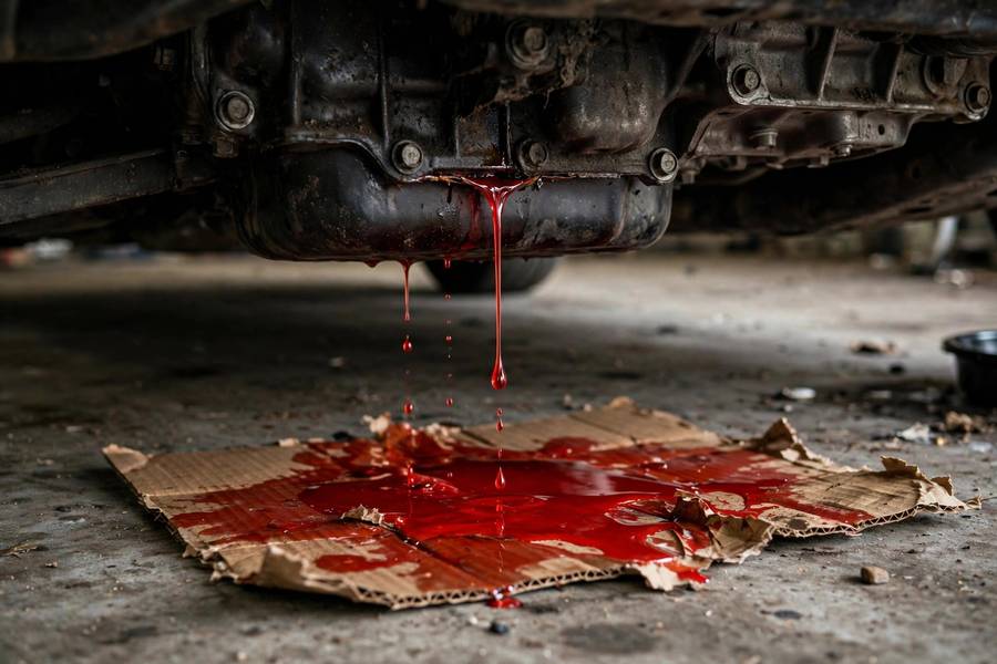 Red transmission fluid dripping onto cardboard under a car in a garage
