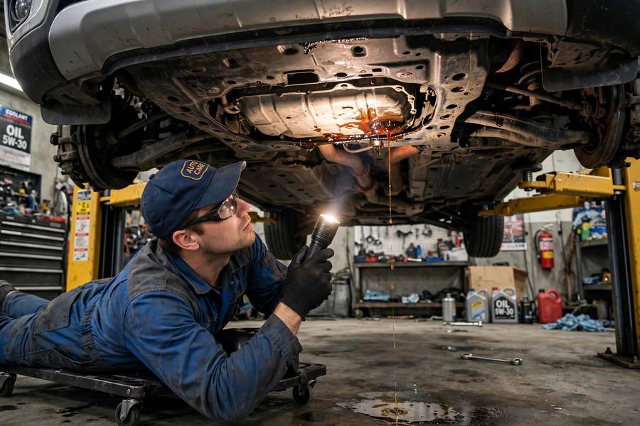 Mechanic with flashlight inspecting under a car on a lift for leaks