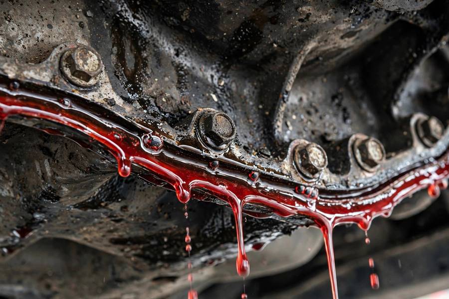 Close-up of a transmission pan gasket seeping red fluid