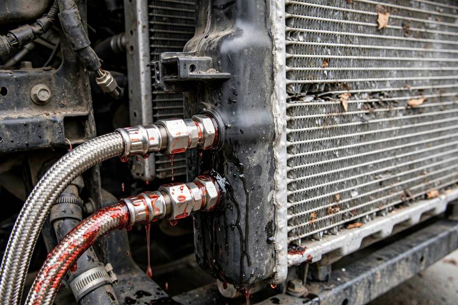 Transmission cooler lines near a radiator with wet fluid residue