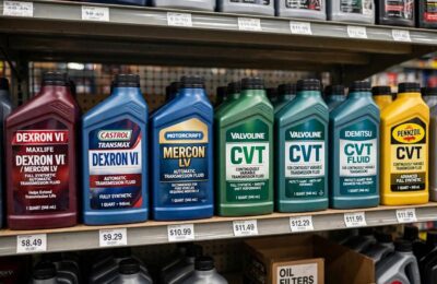 Different transmission fluid types on a store shelf with Dexron, Mercon, and CVT labels