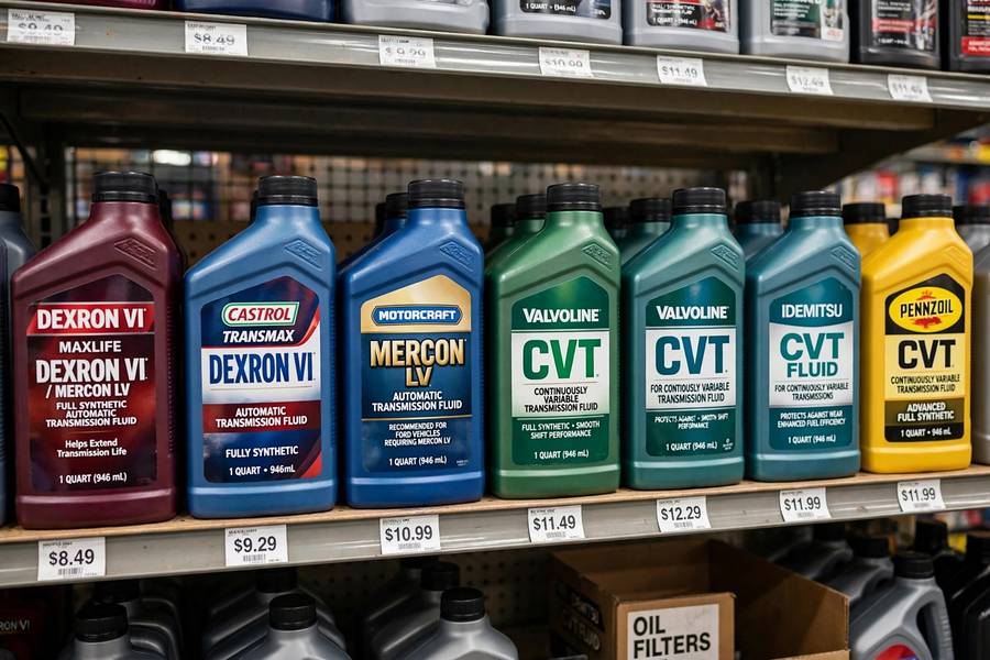 Different transmission fluid types on a store shelf with Dexron, Mercon, and CVT labels