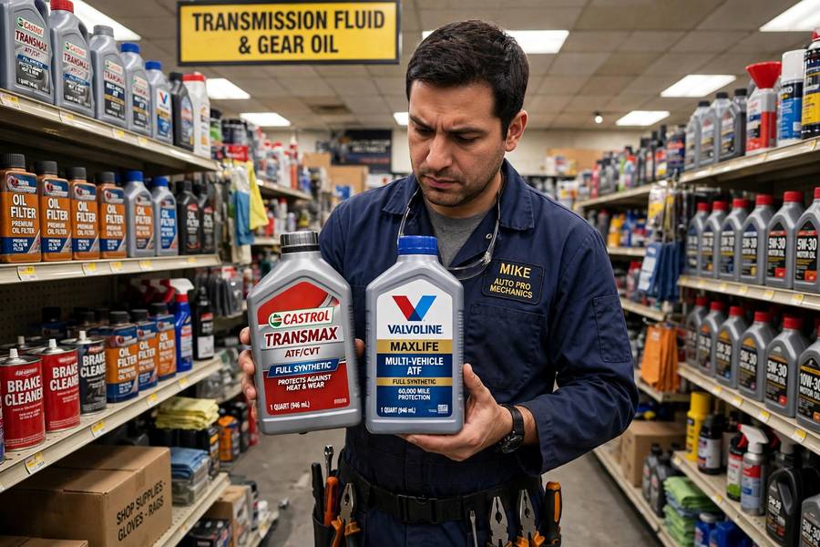 Mechanic comparing two transmission fluid bottles in a parts store