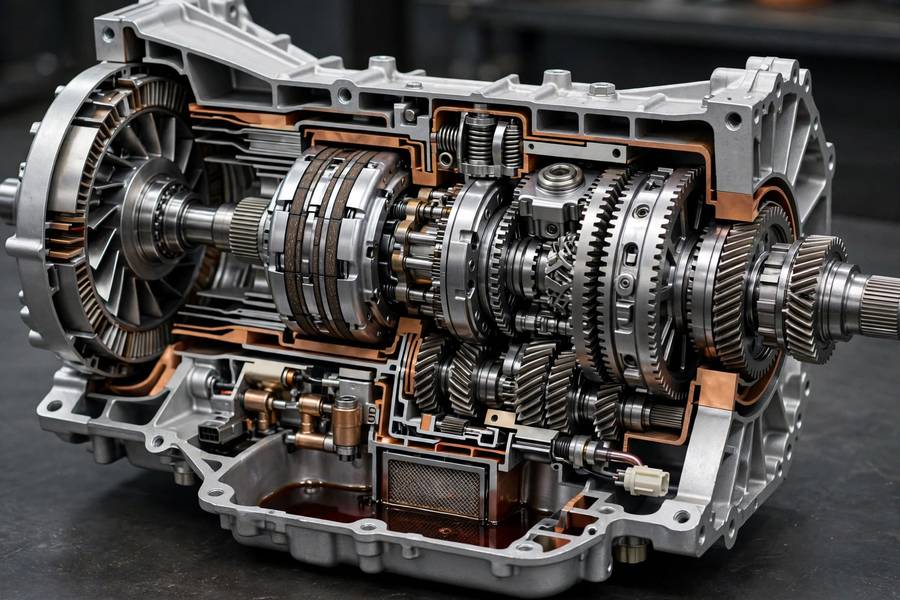 Cutaway view of an automatic transmission showing clutch packs and gears