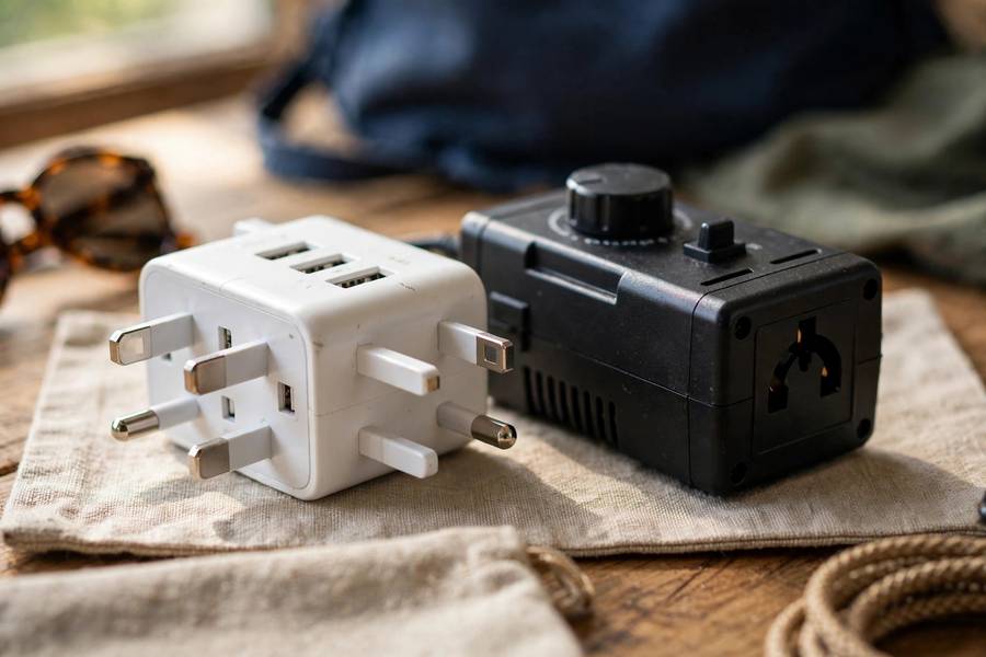Travel adapter and voltage converter side by side