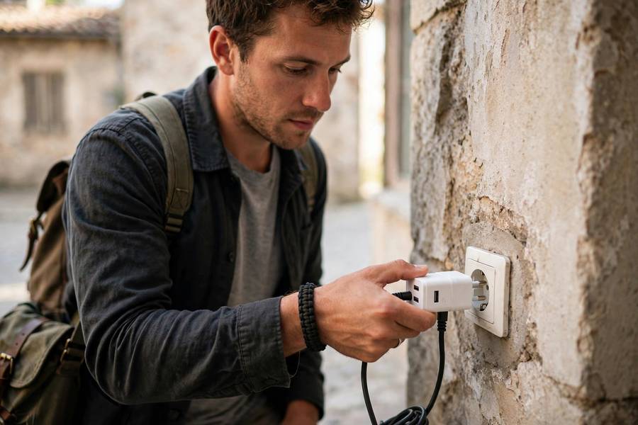Traveler plugging adapter into European wall socket
