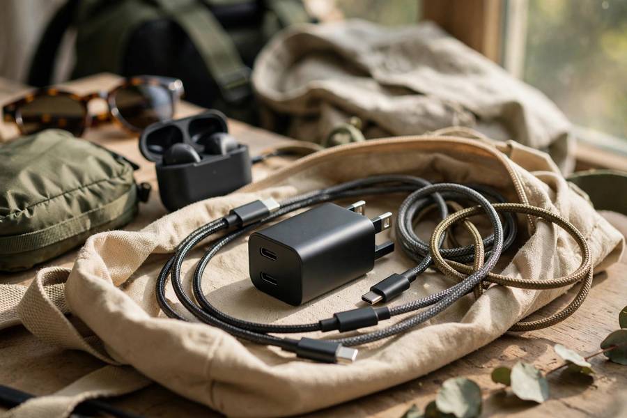GaN USB-C charger with cables travel setup