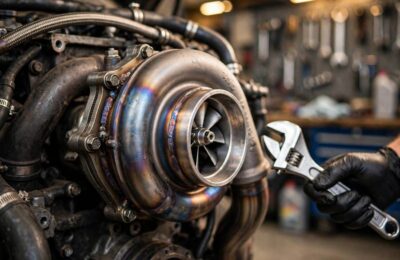 Turbocharger mounted on a car engine in a repair workshop — turbocharger maintenance tips