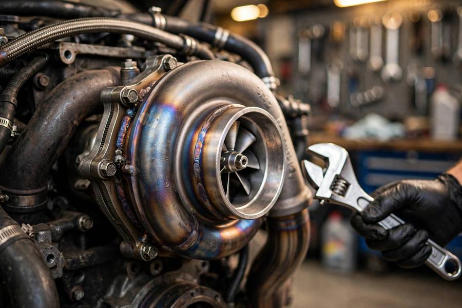 Turbocharger mounted on a car engine in a repair workshop — turbocharger maintenance tips
