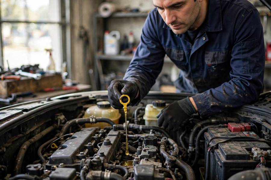 Mechanic checking engine oil level with a dipstick, a key turbocharger maintenance tip