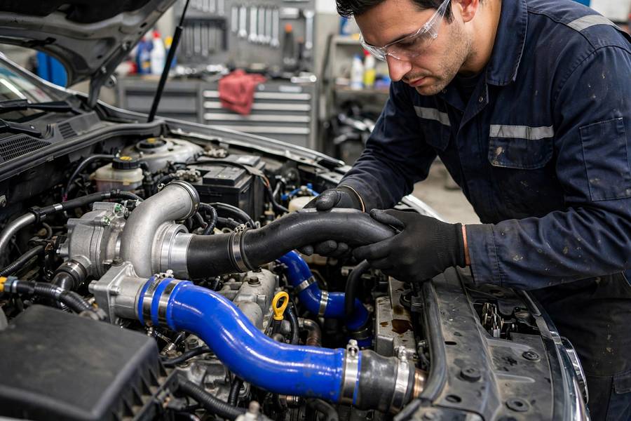 Mechanic inspecting turbocharger intake hose and intercooler piping for cracks