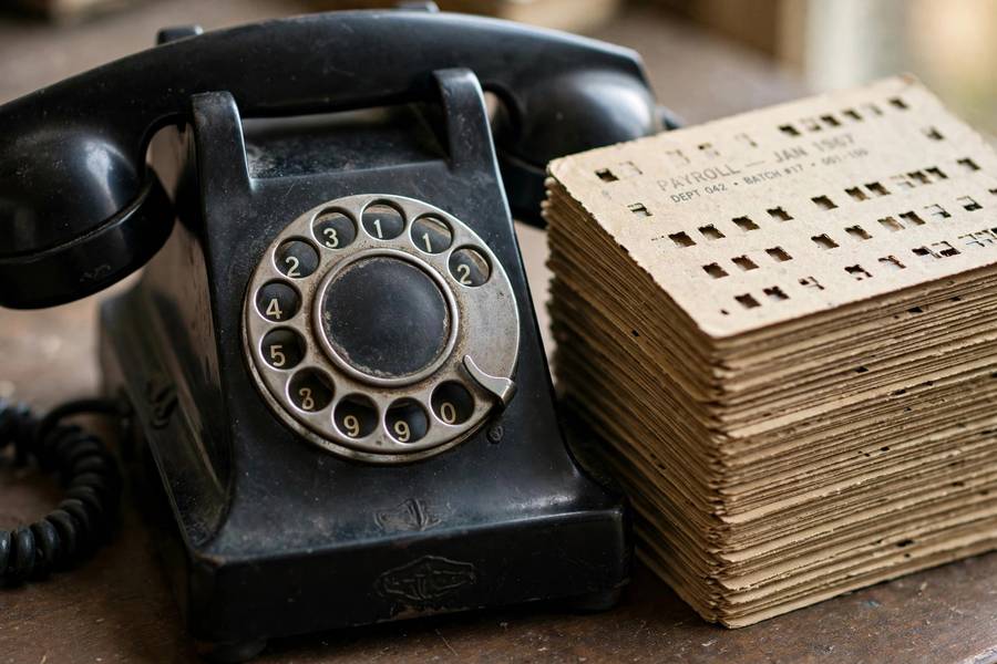 A rotary phone and punch cards from Turing's era