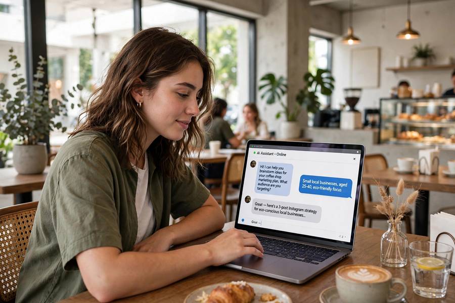 A person chatting with an AI assistant on a laptop