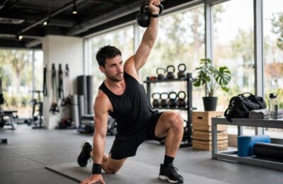 Man demonstrating how to do a Turkish get-up with a kettlebell in a home gym