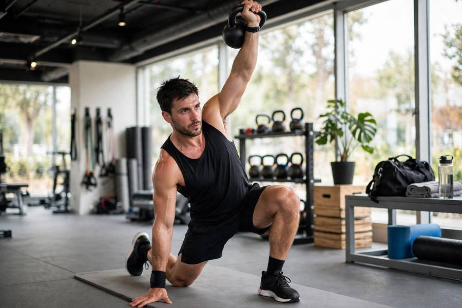 Man demonstrating how to do a Turkish get-up with a kettlebell in a home gym