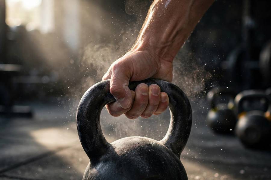 Close-up of kettlebell grip during Turkish get-up exercise