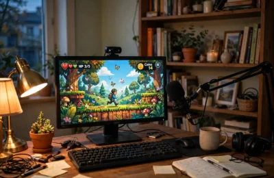 Home streaming setup with monitor, webcam, and microphone — how to stream on Twitch