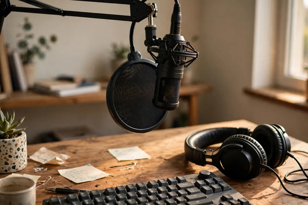 Professional microphone on a boom arm with headphones — streaming audio gear for Twitch