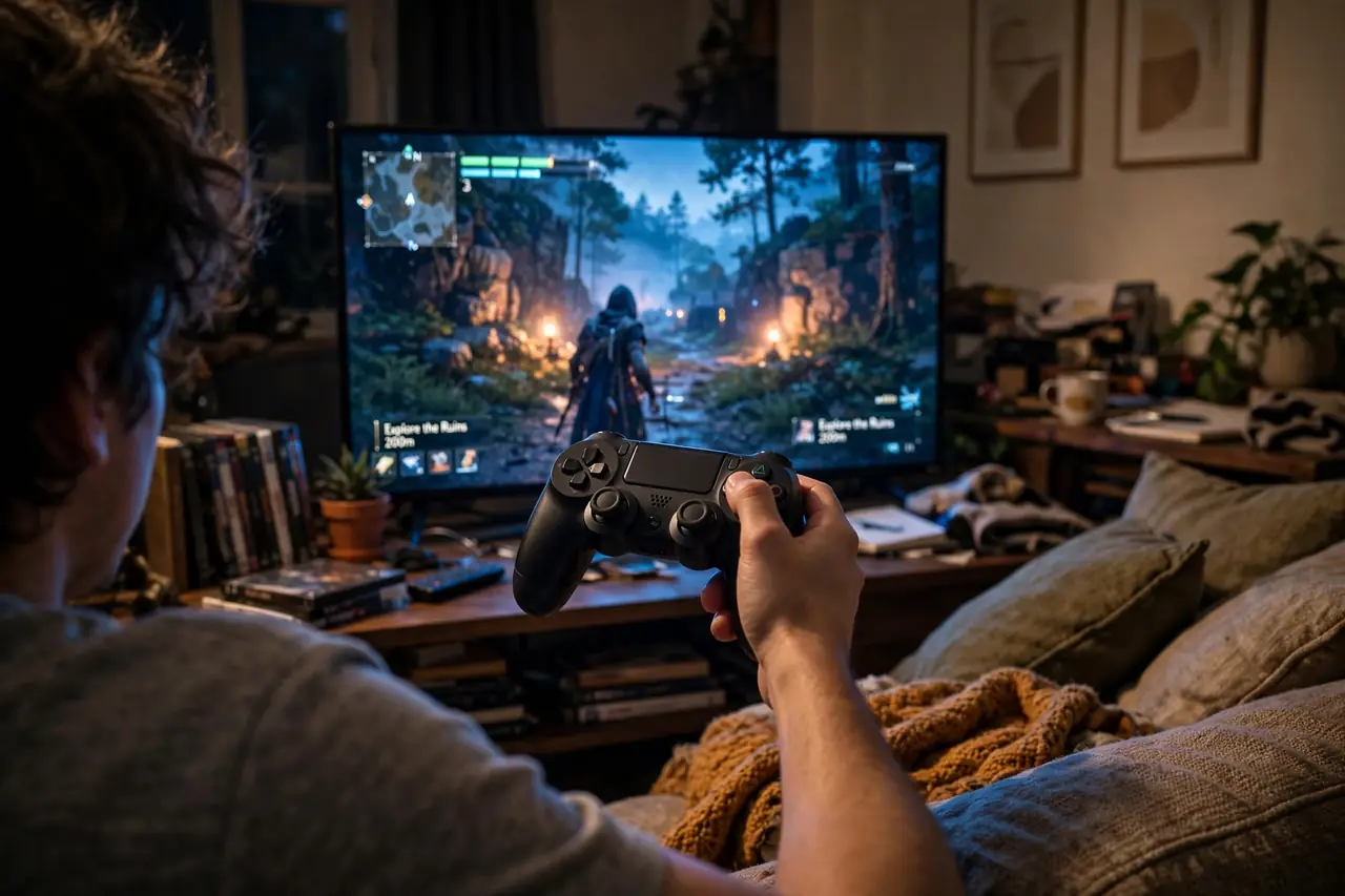 Gamer playing with a controller — starting a Twitch stream from console or PC