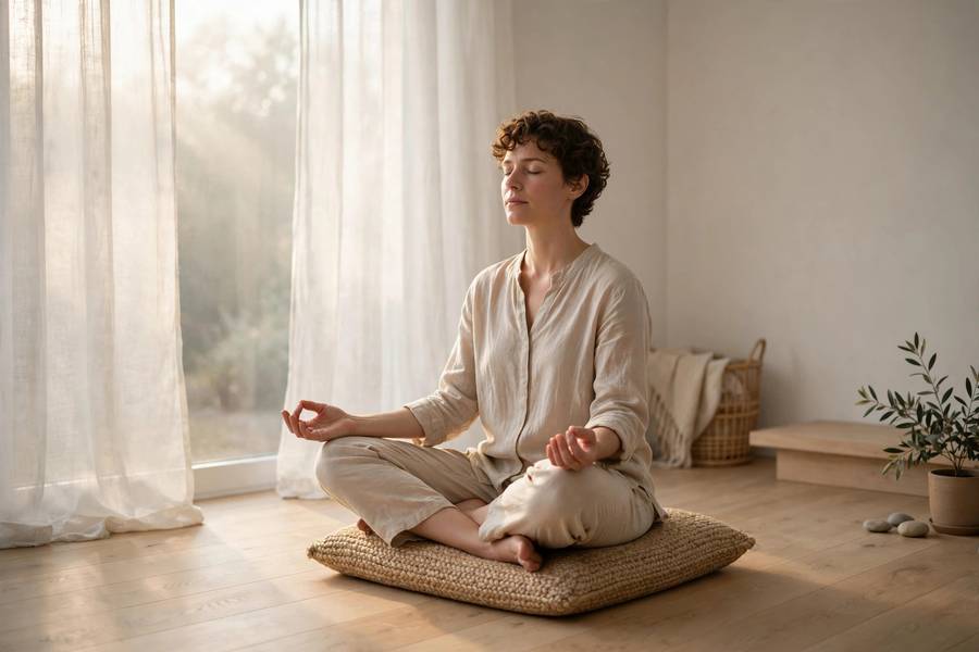 Person meditating in a calm minimalist room representing slow minimalism