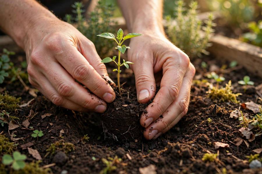 Hands planting a seedling representing eco minimalism