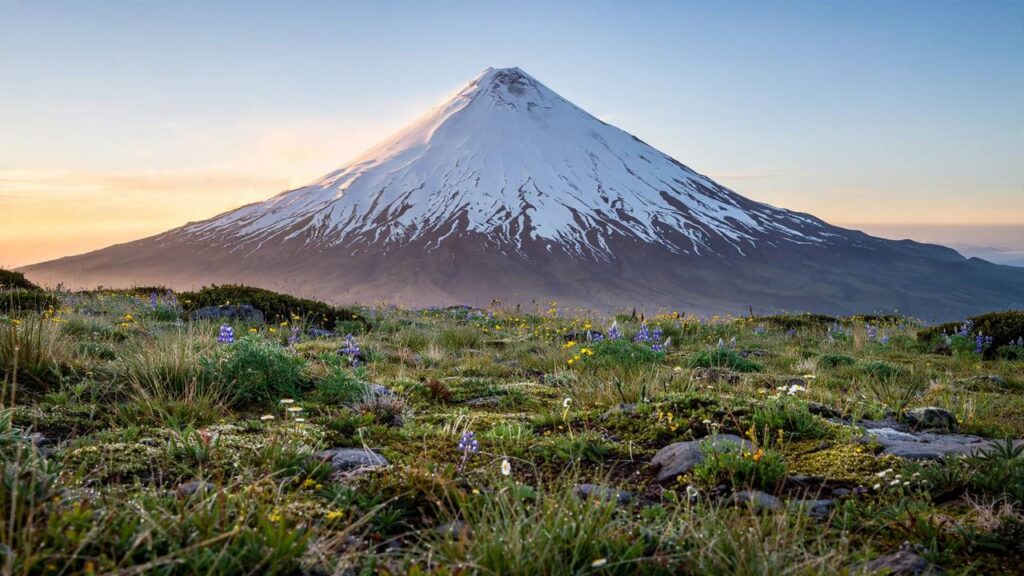 Snow-capped composite volcano (stratovolcano) at sunrise above a meadow