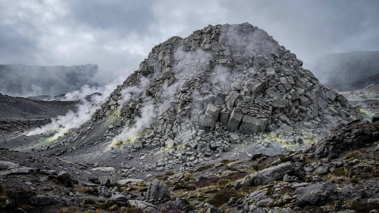 Rugged lava dome of grey blocky rock with steam rising from vents