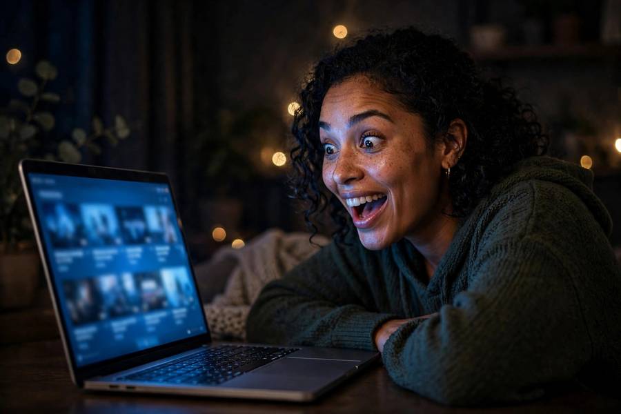 A person discovering a hidden gem movie on a streaming service on a laptop