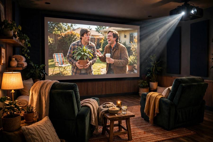 A cozy home theater with a projector showing a little-known comedy film