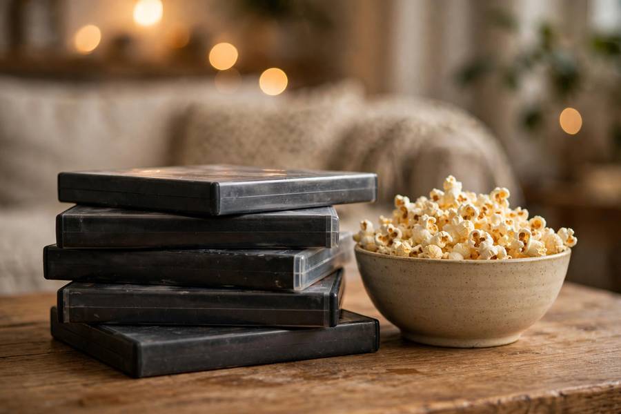 A stack of overlooked comedy DVDs next to a bowl of popcorn