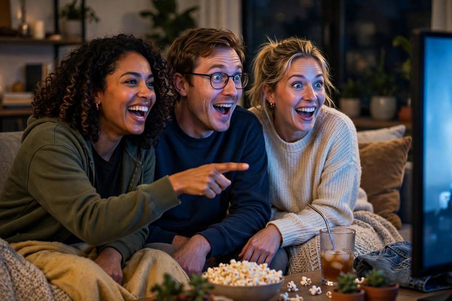 Friends looking surprised and delighted watching an unknown funny movie