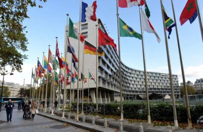 International headquarters building with flags representing UNESCO